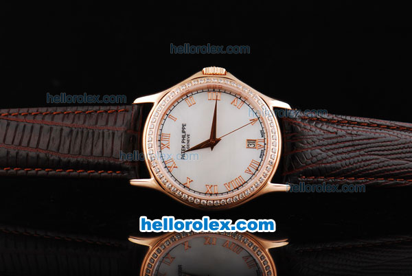 Patek Philippe Calatrava Swiss ETA 2836 Automatic Movement Rose Gold Case with Diamonds Bezel with Rose Gold Roman Numeral Markers and Brown Leather Strap - Click Image to Close